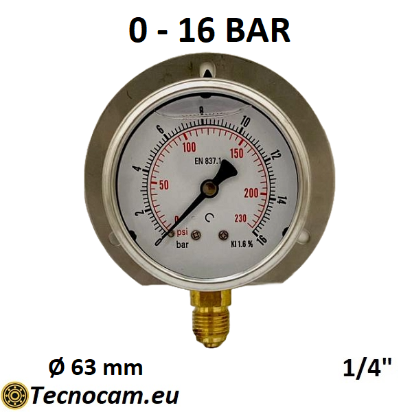 Manomètre à glycérine, échelle 0-16 bar, avec bride et raccord radial mâle 1/4" pour gaz, série MANRFCG 