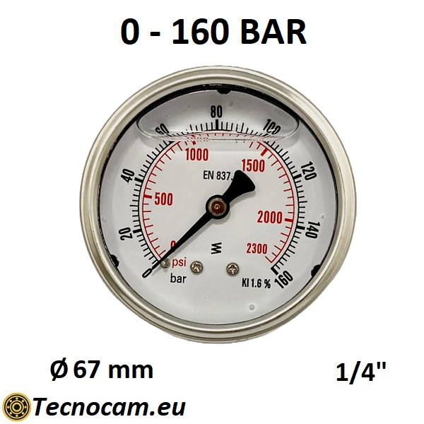 Manomètre à graduation de 0 à 160 bar avec échelle à glycérine, raccord de gaz mâle arrière 1/4" série MANPCG