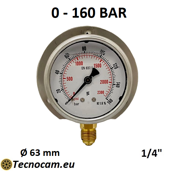 Manomètre à glycérine, échelle 0-160 bar, avec bride et raccord radial mâle 1/4" pour gaz, série MANRFCG 