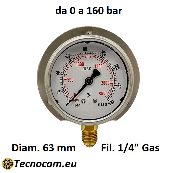 Manometro con GLICERINA Scala 0-160 Bar, con FLANGIA e Attacco Radiale Maschio Gas 1/4" serie MANRFCG