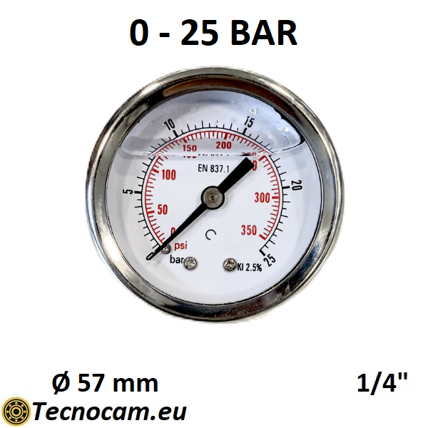 Manomètre à glycérine, échelle 0-25 bar, boîtier 50 mm, raccord arrière mâle 1/4", série MAN50PCG 