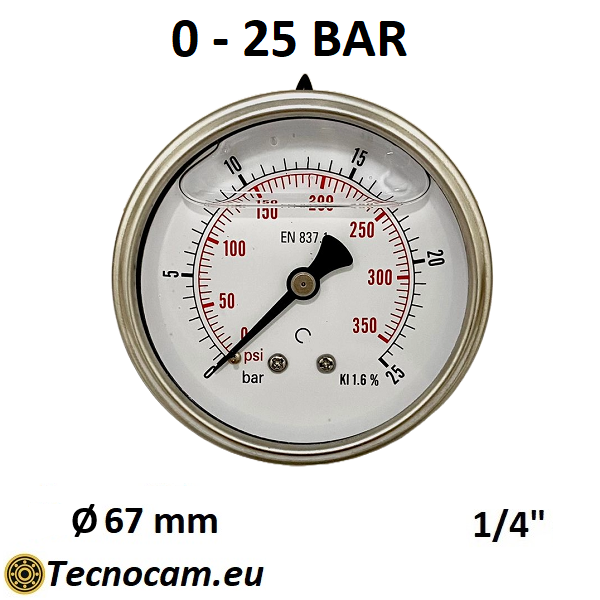 Manomètre à graduation de glycérine 0-25 bar, raccord de gaz mâle arrière 1/4" série MANPCG 