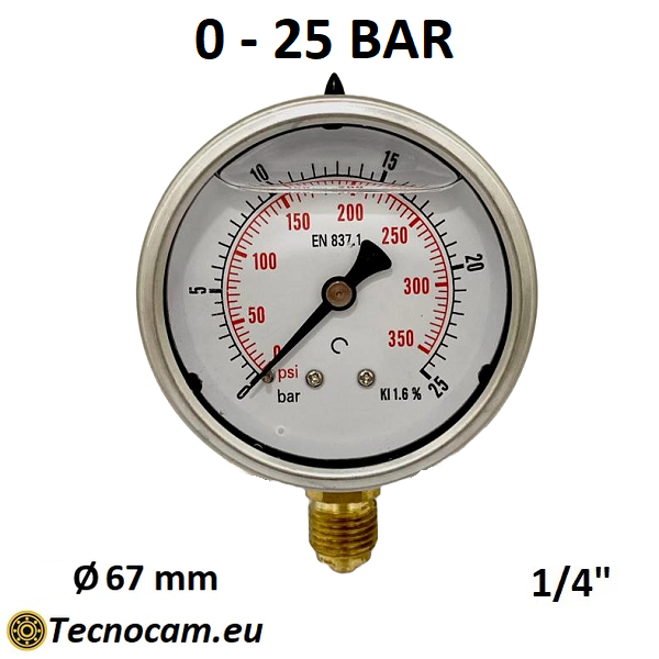Manomètre à glycérine, échelle 0-25 bar, raccord radial mâle 1/4", série MANRCG 
