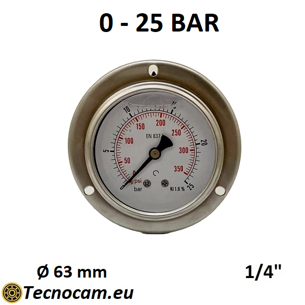 Manometer mit Glycerinskala 0–25 bar, mit Flansch und 1/4"-Außengewinde-Gasanschluss hinten, Serie MANPFCG 