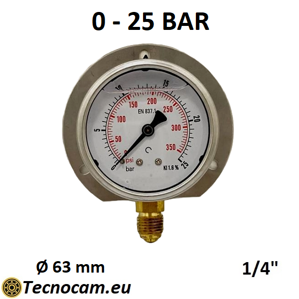 Manomètre à glycérine, échelle 0-25 bar, avec bride et raccord radial mâle 1/4" pour gaz, série MANRFCG 