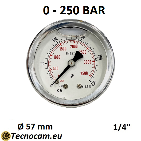Manomètre à glycérine, échelle 0-250 bar, boîtier 50 mm, raccord gaz mâle arrière série 1/4", MAN50PCG