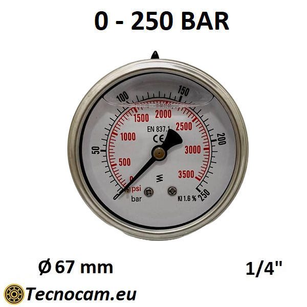 Manomètre à graduation de 0 à 250 bar avec échelle à glycérine, raccord de gaz mâle arrière 1/4" série MANPCG 