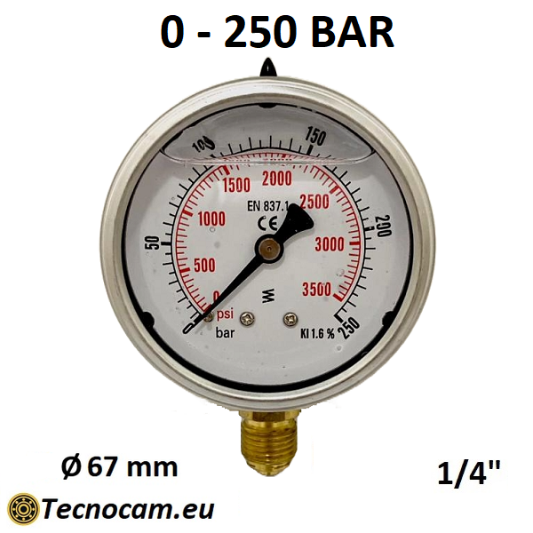 Manomètre à graduation de 0 à 250 bar avec échelle à glycérine, raccord gaz mâle radial 1/4" série MANRCG 