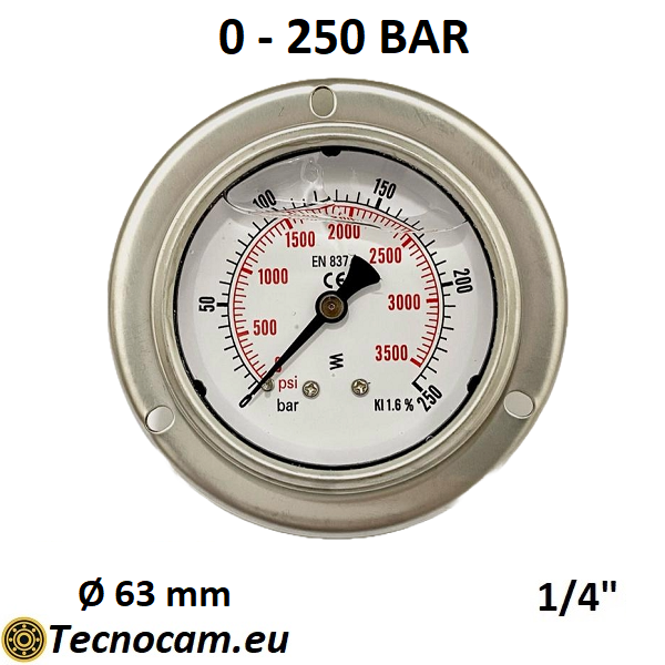Manomètre à glycérine, échelle 0-250 bar, avec bride et raccord arrière mâle gaz 1/4" série MANPFCG 
