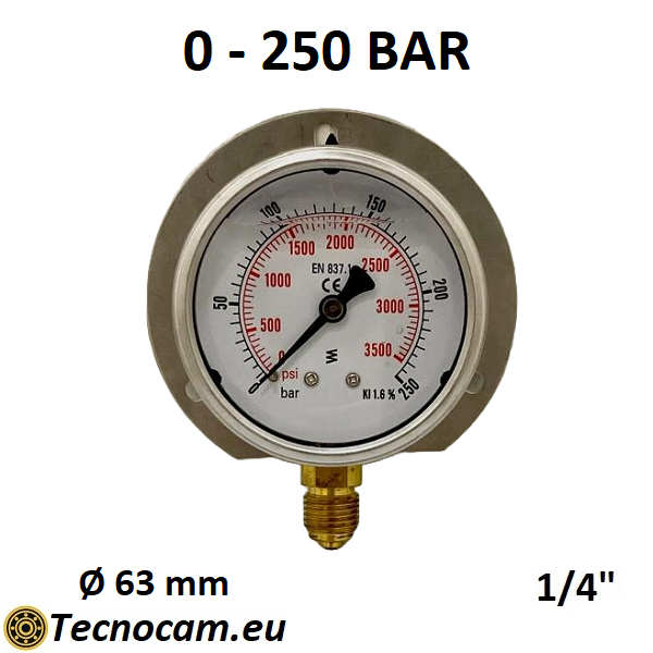 Manomètre à glycérine, échelle 0-250 bar, avec bride et raccord radial mâle 1/4", série MANRFCG 