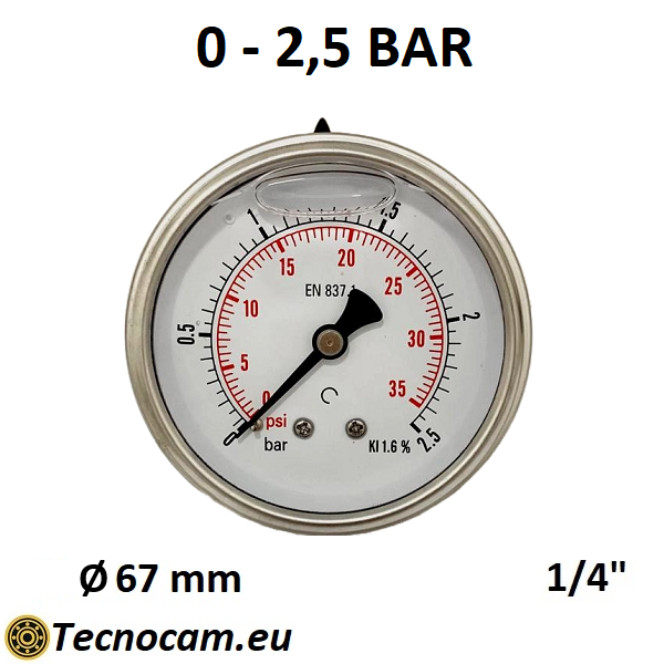 Manomètre à graduation de 0 à 2,5 bar avec échelle à glycérine, raccord de gaz mâle arrière 1/4" série MANPCG 