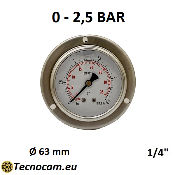 Manomètre à glycérine, échelle 0-2,5 bar, avec bride et raccord arrière mâle gaz 1/4", série MANPFCG 