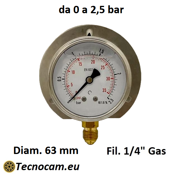 Manometer mit Glycerin-Skala 0–2,5 bar, mit Flansch und 1/4"-Außengewinde-Gasanschluss der Serie MANRFCG 