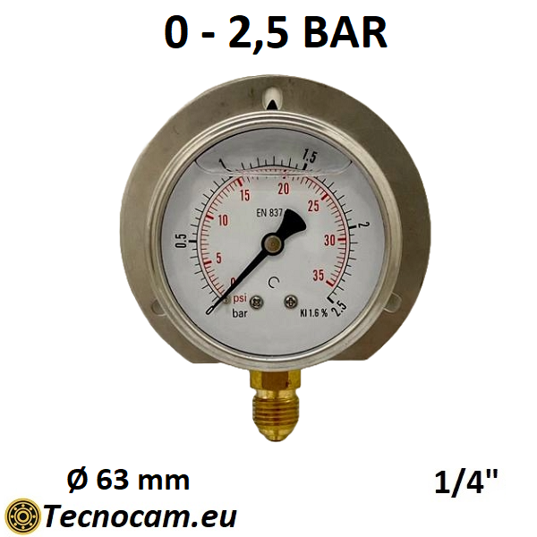 Manomètre à glycérine, échelle 0-2,5 bar, avec bride et raccord radial mâle 1/4", série MANRFCG 