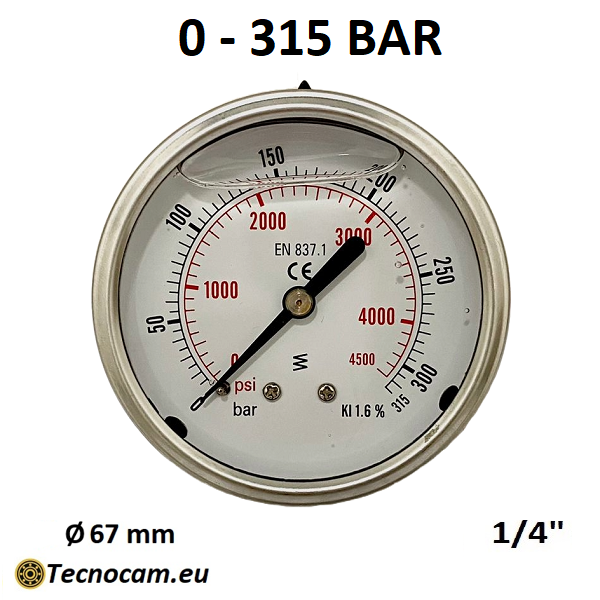 Manomètre à graduation de glycérine 0-315 bar, raccord de gaz mâle arrière 1/4" série MANPCG 
