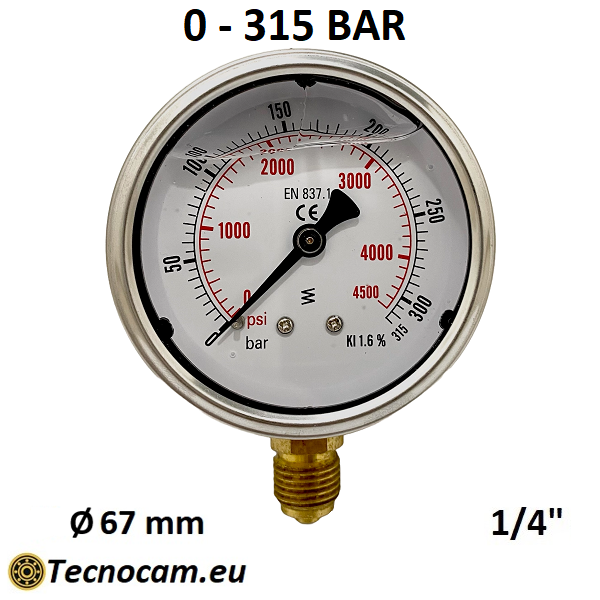 Manomètre à glycérine, échelle 0-315 bar, raccord radial mâle pour gaz 1/4", série MANRCG 