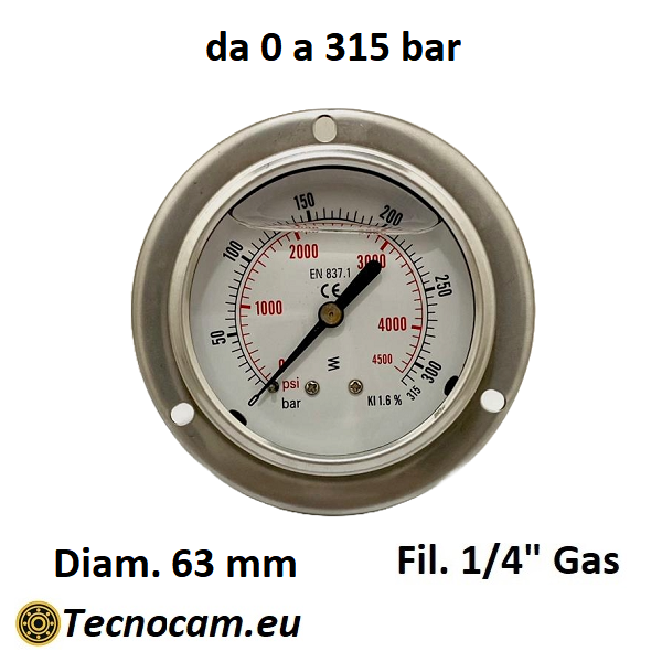 Manometro con GLICERINA Scala 0-315 Bar, con FLANGIA e Attacco Posteriore Maschio Gas 1/4" serie MANPFCG