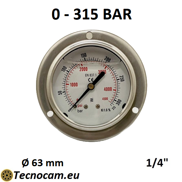 Manomètre à glycérine, échelle 0-315 bar, avec bride et raccord arrière mâle gaz 1/4", série MANPFCG 