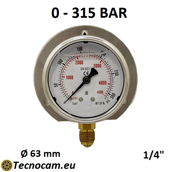 Manomètre à glycérine, échelle 0-315 bar, avec bride et raccord radial mâle 1/4" pour gaz, série MANRFCG 