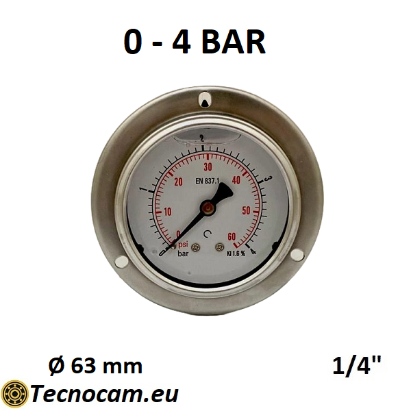 Manomètre à glycérine, échelle 0-4 bar, avec bride et raccord arrière mâle gaz 1/4", série MANPFCG 