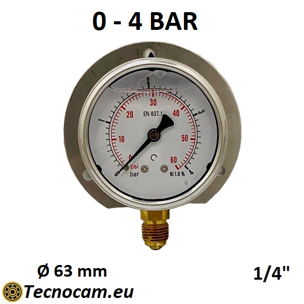 Manometro con GLICERINA Scala 0-4 Bar, con FLANGIA e Attacco Radiale Maschio Gas 1/4" serie MANRFCG