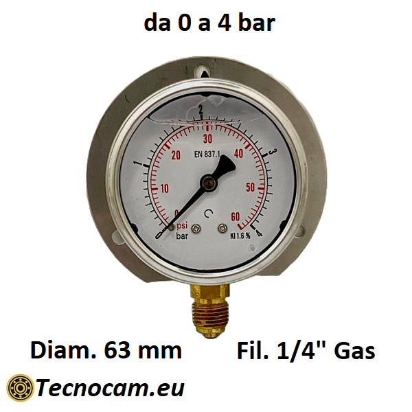 Manometer mit Glycerinskala 0–4 bar, mit Flansch und 1/4"-Außengewinde-Radialanschluss, Serie MANRFCG 