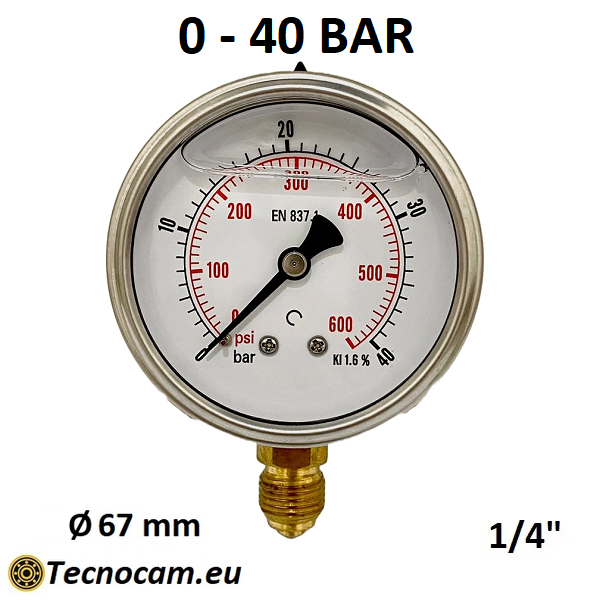 Manomètre à glycérine, échelle 0-40 bar, raccord radial mâle pour gaz 1/4", série MANRCG 