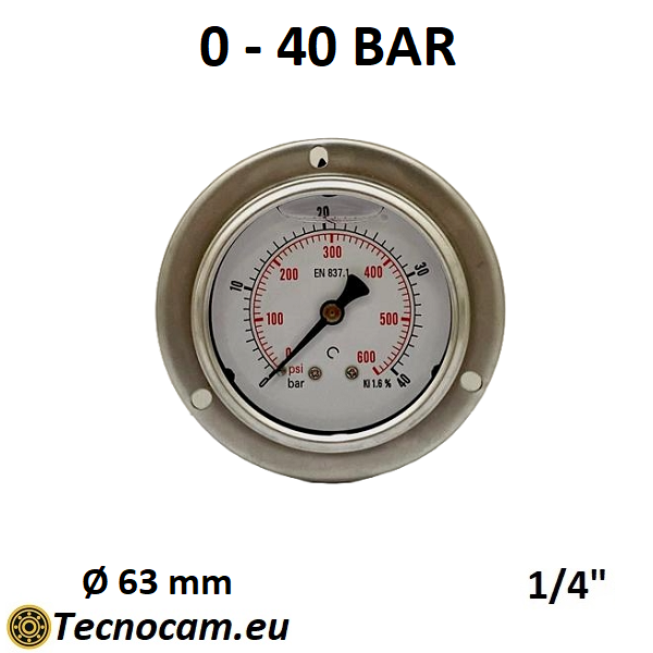 Manometer mit Glycerinskala 0–40 bar, mit Flansch und 1/4"-Außengewinde-Gasanschluss hinten, Serie MANPFCG 