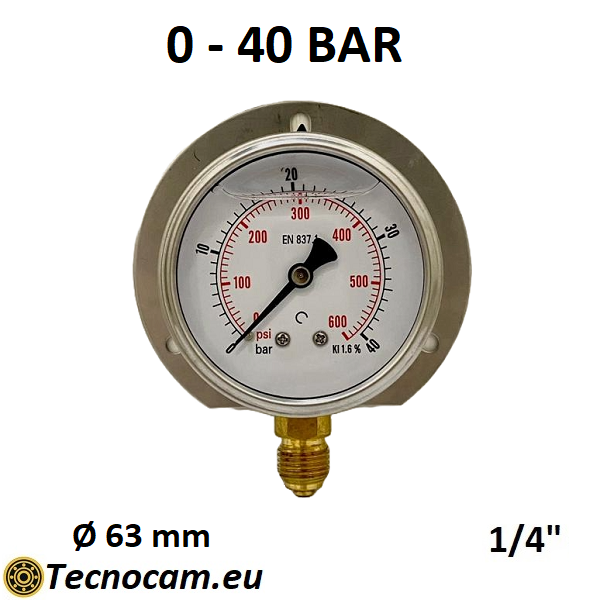 Manomètre à glycérine, échelle 0-40 bar, avec bride et raccord radial mâle 1/4" pour gaz, série MANRFCG 