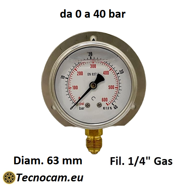 Manometer mit Glycerinskala 0–40 bar, mit Flansch und 1/4"-Außengewinde-Radialanschluss, Serie MANRFCG 