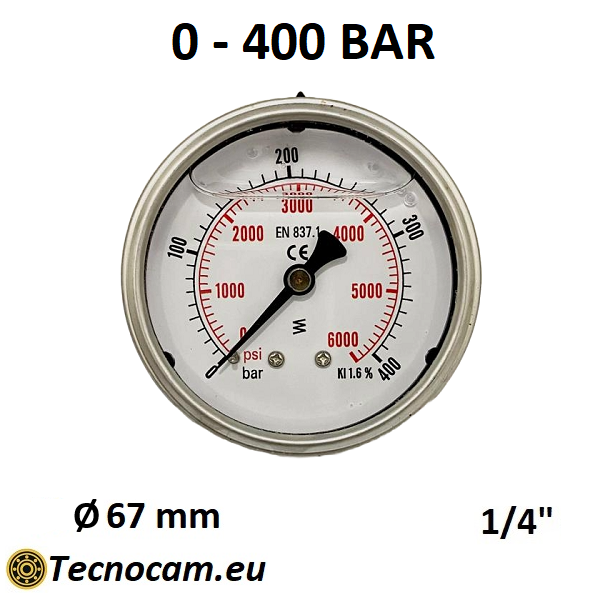 Manomètre à graduation de 0 à 400 bar avec échelle à glycérine, raccord de gaz mâle arrière 1/4" série MANPCG 