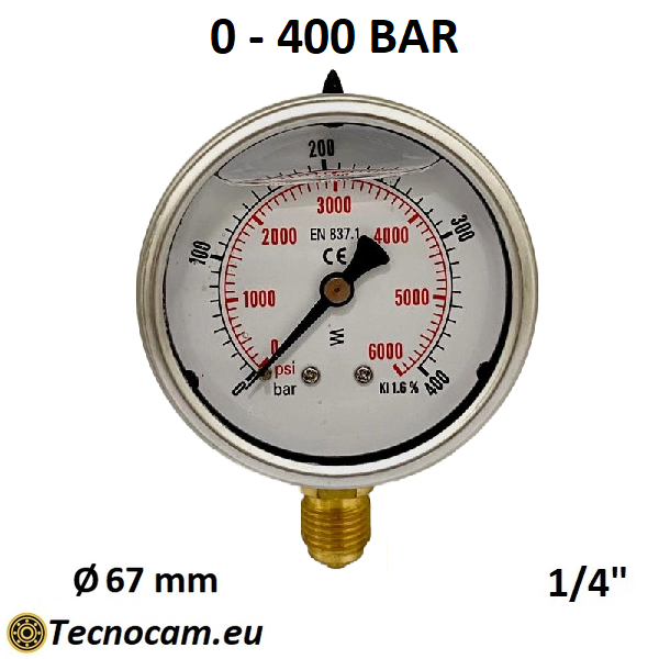 Manomètre à glycérine, échelle 0-400 bar, raccord radial mâle 1/4", série MANRCG 