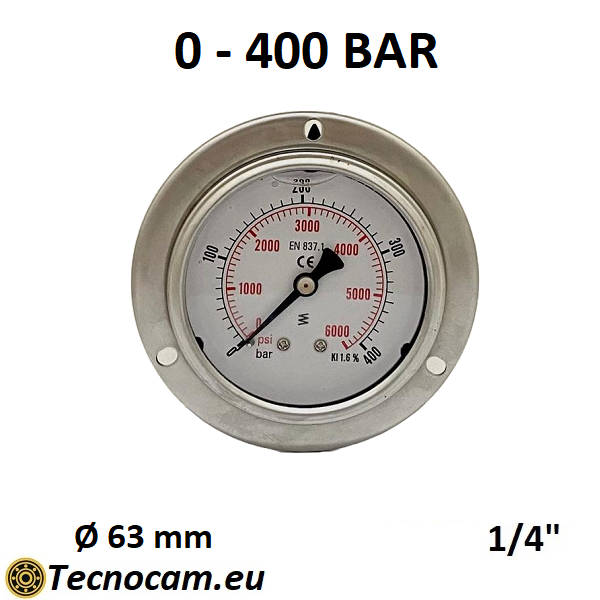 Manomètre à glycérine, échelle 0-400 bar, avec bride et raccord arrière mâle gaz 1/4" série MANPFCG 