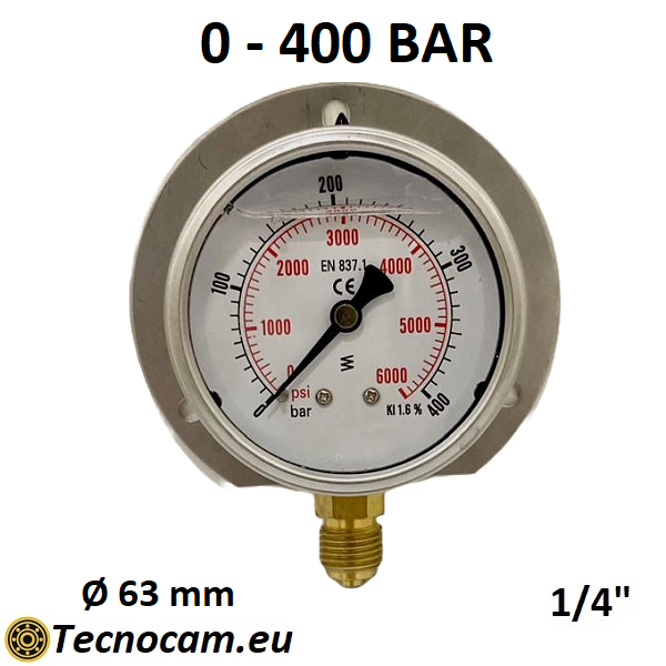 Manomètre à glycérine, échelle 0-400 bar, avec bride et raccord radial mâle 1/4", série MANRFCG 
