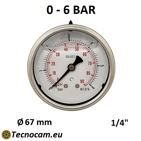 Manomètre à graduation de glycérine 0-6 bar, raccord de gaz mâle arrière 1/4" série MANPCG 