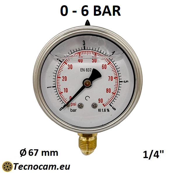 Manomètre à glycérine, échelle 0-6 bar, raccord radial mâle gaz 1/4" série MANRCG 