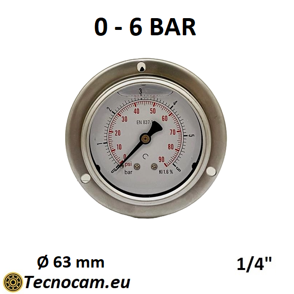 Manomètre à glycérine, échelle 0-6 bar, avec bride et raccord arrière mâle gaz 1/4", série MANPFCG 