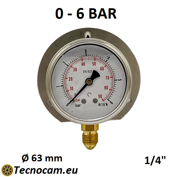 Manomètre à glycérine gradué de 0 à 6 bar, avec bride et raccord radial mâle pour gaz 1/4", série MANRFCG 