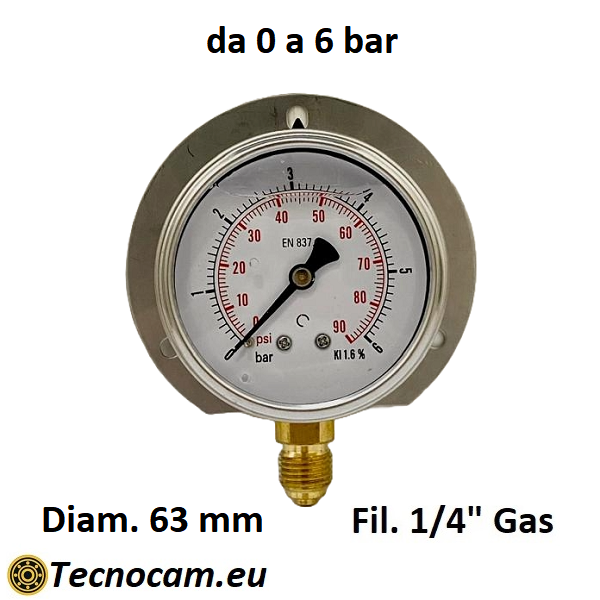 Manometer mit Glycerinskala 0–6 bar, mit Flansch und 1/4"-Außengewinde-Gasanschluss, Serie MANRFCG 