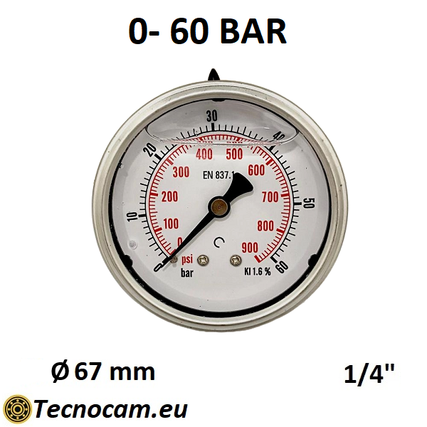 Manomètre à graduation de glycérine 0-60 bar, raccord de gaz mâle arrière 1/4" série MANPCG 