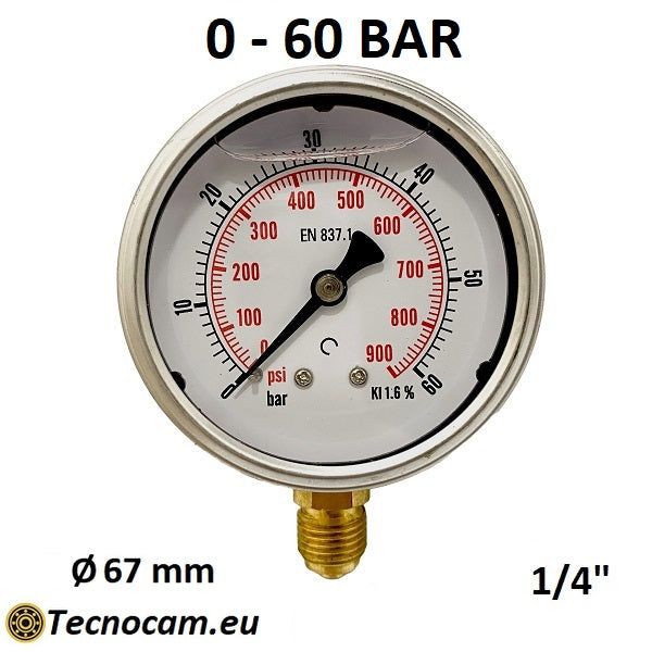 Manomètre à glycérine, échelle 0-60 bar, raccord radial mâle 1/4", série MANRCG 