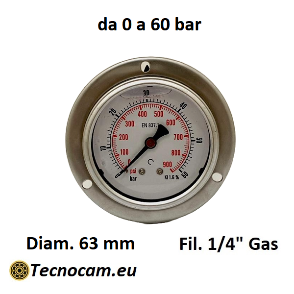 Manometro con GLICERINA Scala 0-60 Bar, con FLANGIA e Attacco Posteriore Maschio Gas 1/4" serie MANPFCG