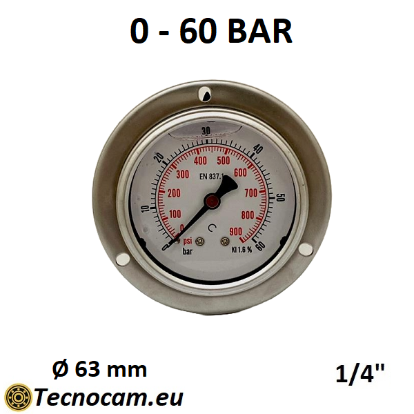 Manomètre à glycérine, échelle 0-60 bar, avec bride et raccord arrière mâle gaz 1/4", série MANPFCG 