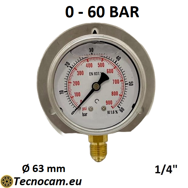 Manomètre à glycérine, échelle 0-60 bar, avec bride et raccord radial mâle 1/4" pour gaz, série MANRFCG 