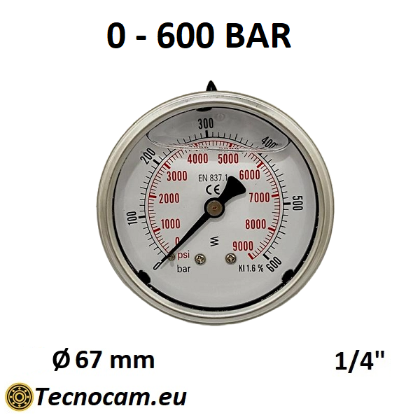 Manometer mit Glycerinskala 0–600 bar, rückseitiger 1/4"-Gasanschluss (Außengewinde), MANPCG-Serie 