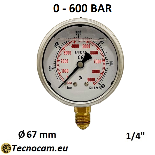 Manomètre à glycérine, échelle 0-600 bar, raccord radial mâle 1/4" pour gaz, série MANRCG 