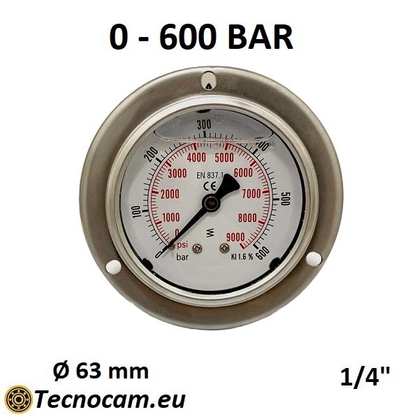Manomètre à glycérine, échelle 0-600 bar, avec bride et raccord arrière mâle gaz 1/4" série MANPFCG 