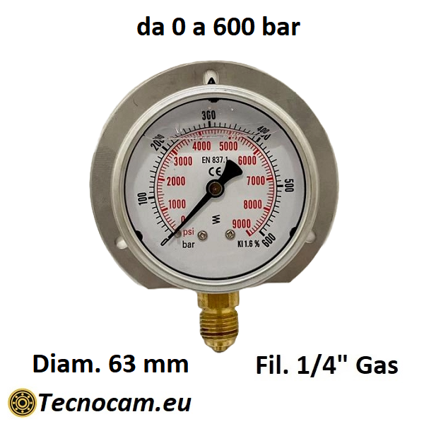 Manometro con GLICERINA Scala 0-600 Bar, con FLANGIA e Attacco Radiale Maschio Gas 1/4" serie MANRFCG