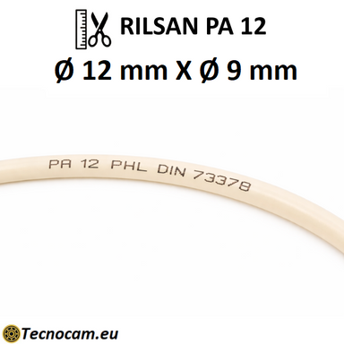 Tube Rilsan PA12 PHL 12×9 mm naturel pour air comprimé, diamètre extérieur 12 mm et intérieur 9 mm