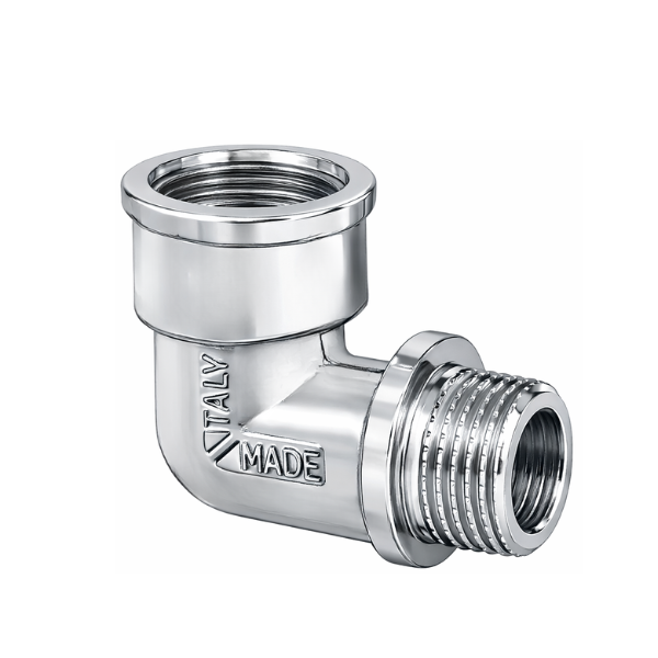 Raccordo per Idraulica Gomito 90° Maschio Femmina con Bordino in Ottone Cromato Lucido- Serie Pesante